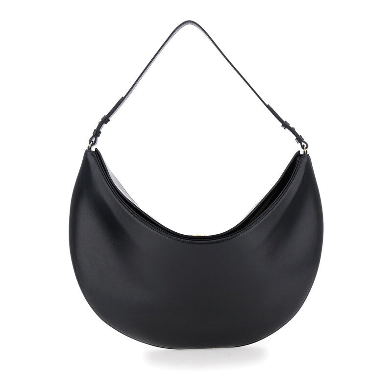 le Calisso Rond Large Black Shoulder Bag With Adjustable Strap And Embossed Logo In Leather