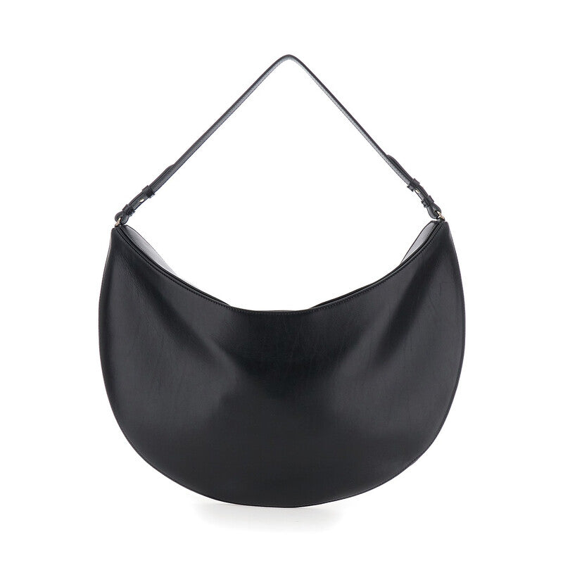le Calisso Rond Large Black Shoulder Bag With Adjustable Strap And Embossed Logo In Leather
