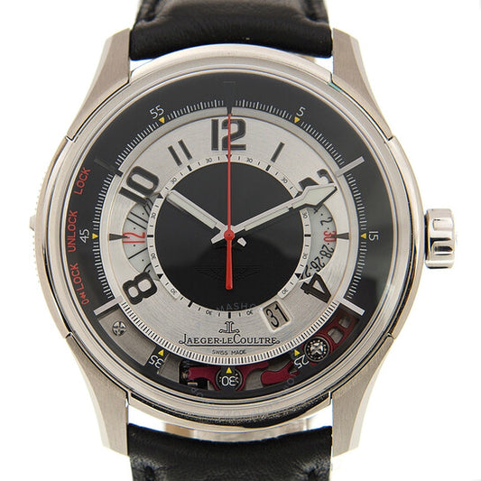ساعة Jaeger LeCoultre AMVOX2 للرجال، مينا سوداء وفضية، من الفولاذ المقاوم للصدأ والجلد الأسود، أوتوماتيكية