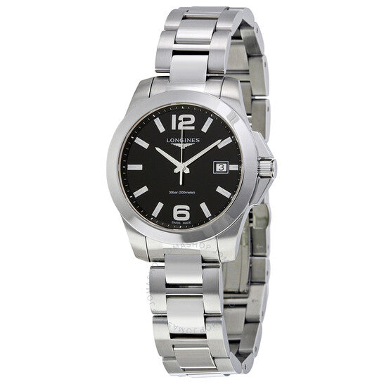 Longines, Black Dial Stainless Steel Ladies Watch
