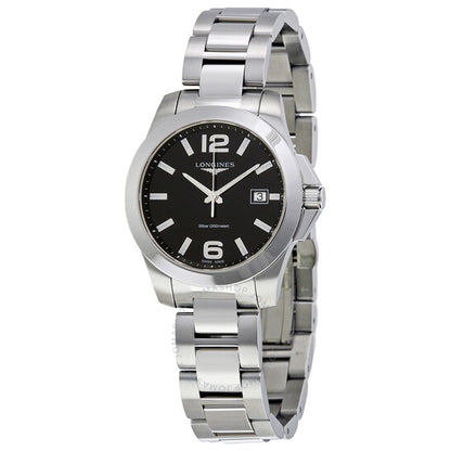 Longines, Black Dial Stainless Steel Ladies Watch