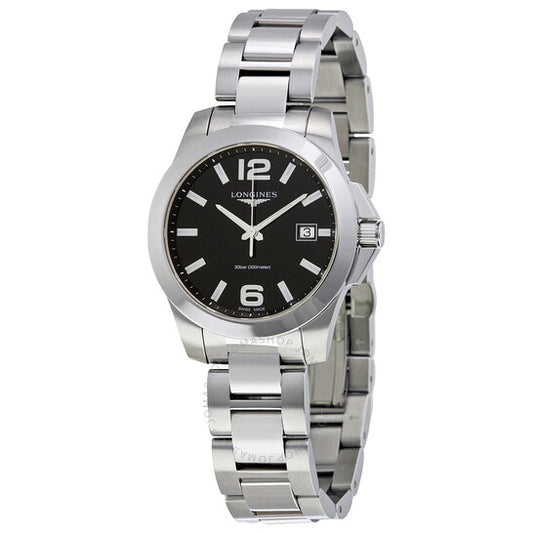 Longines, Black Dial Stainless Steel Ladies Watch