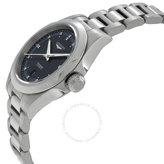 ساعة لونجين كونكويست أوتوماتيكية بمينا زرقاء مرصعة بالألماس للسيدات