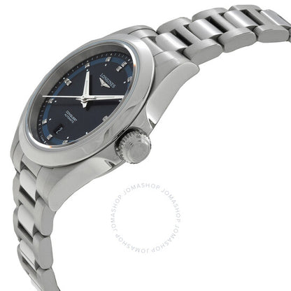 ساعة لونجين كونكويست أوتوماتيكية بمينا زرقاء مرصعة بالألماس للسيدات