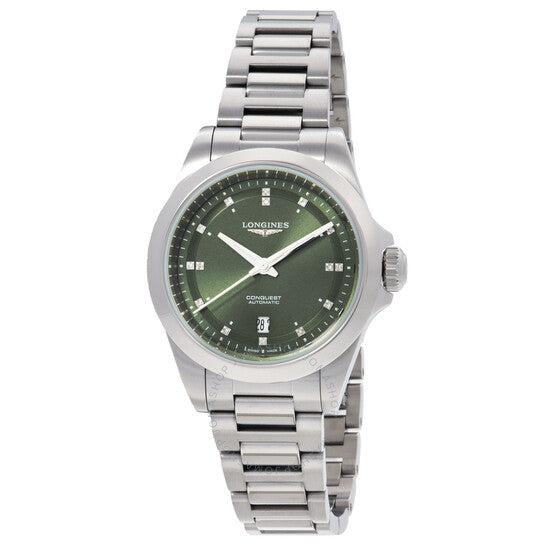 ساعة لونجين كونكويست أوتوماتيكية مرصعة بالألماس ومينا خضراء للسيدات