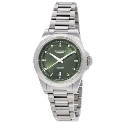 ساعة لونجين كونكويست أوتوماتيكية مرصعة بالألماس ومينا خضراء للسيدات