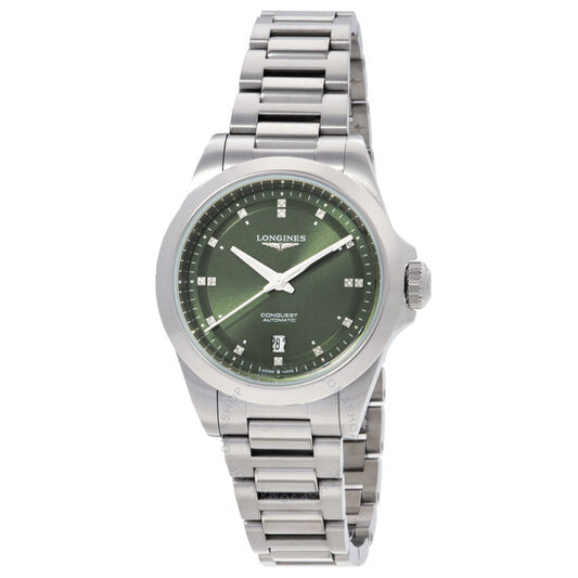 ساعة لونجين كونكويست أوتوماتيكية مرصعة بالألماس ومينا خضراء للسيدات