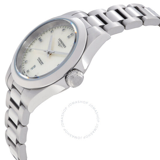 ساعة لونجين كونكويست أوتوماتيكية للسيدات بمينا فضية مرصعة بالألماس