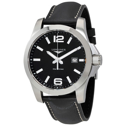 Longines, Conquest Black Dial Black Leather Men's 43mm Watch