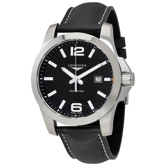 Longines, Conquest Black Dial Black Leather Men's 43mm Watch
