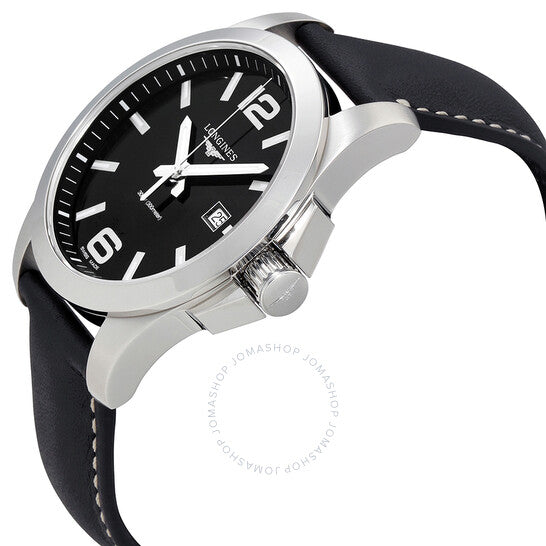 Longines, Conquest Black Dial Black Leather Men's 43mm Watch