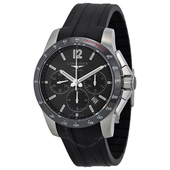 Longines, Conquest Black Dial Chronograph Black Rubber Men's Watch