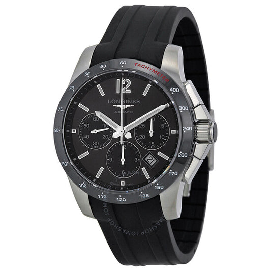 Longines, Conquest Black Dial Chronograph Black Rubber Men's Watch