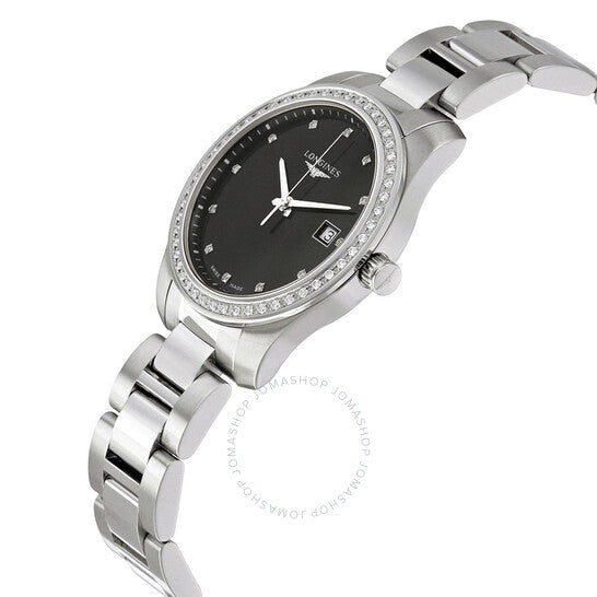 لونجين، ساعة كونكويست للسيدات بمينا أسود ومرصعة بالألماس