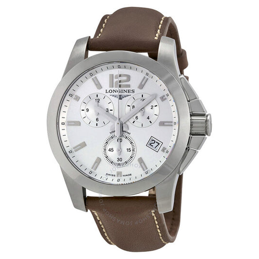 Longines, Conquest Chronograph Silver Dial Brown Leather Men's Watch L36604765