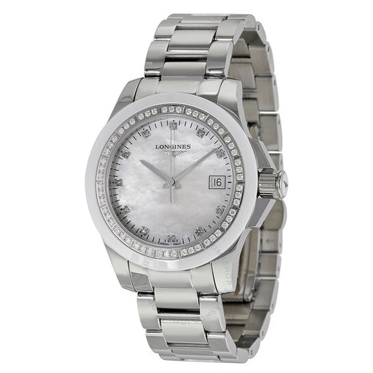 Longines, Conquest Mother of Pearl Diamond Dial Stainless Steel Watch