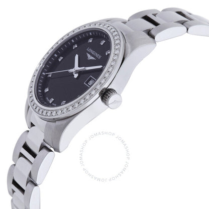 ساعة لونجين كونكويست كوارتز ماسية بمينا سوداء للسيدات