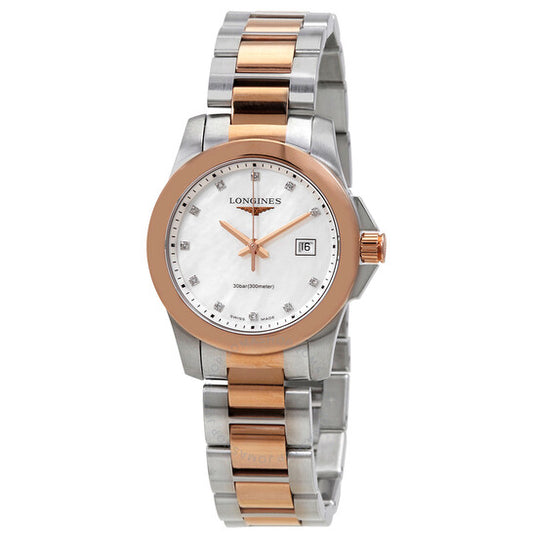 Longines, Conquest Quartz Diamond White Mother of Pearl Dial Ladies Watch