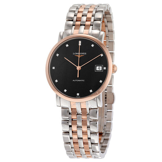 Longines, Elegant Automatic Black Diamond Dial Steel and 18kt Rose Gold Ladies Watch L48095577