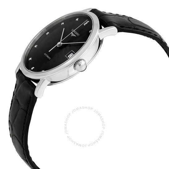 لونجين، ساعة نسائية أنيقة أوتوماتيكية بمينا أسود مرصعة بالألماس