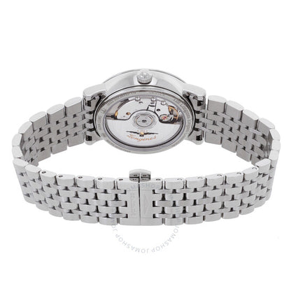 لونجين، ساعة أنيقة أوتوماتيكية للسيدات بمينا فضي مرصعة بالألماس