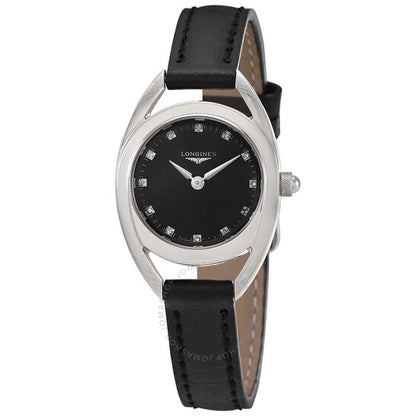 ساعة لونجين إكويستريان كوارتز مرصعة بالألماس ومينا سوداء للسيدات