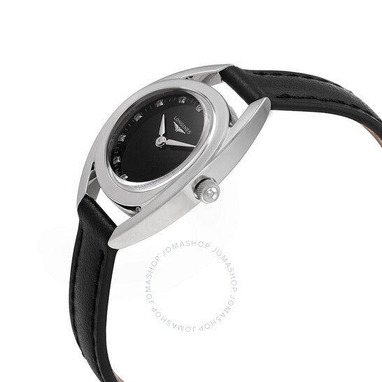 ساعة لونجين إكويستريان كوارتز مرصعة بالألماس ومينا سوداء للسيدات