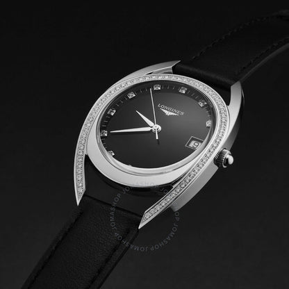 ساعة لونجين إكويستريان كوارتز مرصعة بالألماس ومينا سوداء للسيدات