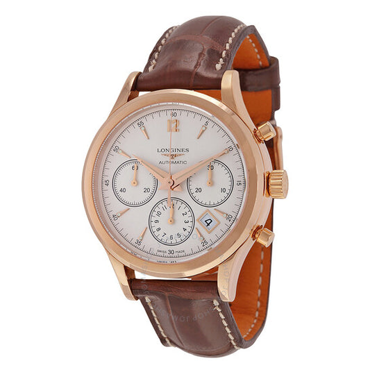 Longines, Heritage Automatic Chronogaph Silver Dial 18kt Rose Gold Brown Leather Men's