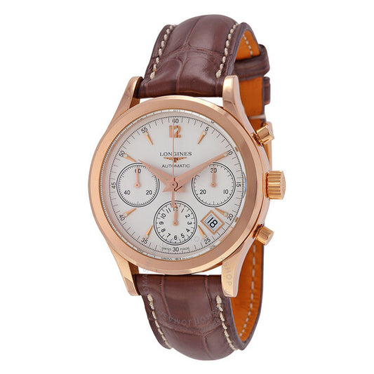 Longines, Heritage Automatic Chronograph Silver Dial 18kt Rose Gold Brown Leather Men's Watch