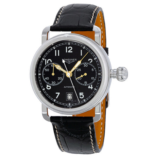 ساعة لونجين هيريتيج كرونو للرجال بمينا أسود وجلد تمساح أسود