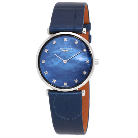 ساعة لونجين لا غراند كلاسيك كوارتز مرصعة بالألماس ومينا من عرق اللؤلؤ الأزرق للسيدات