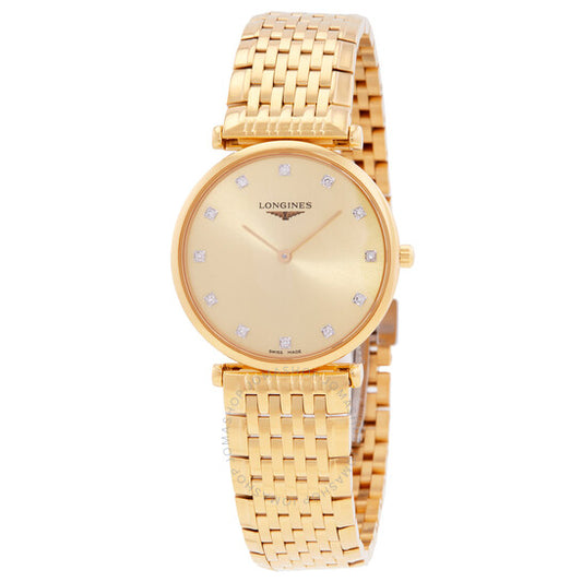 ساعة لونجين، ساعة لا غراند كلاسيك كوارتز الماسية بمينا ذهبي للسيدات