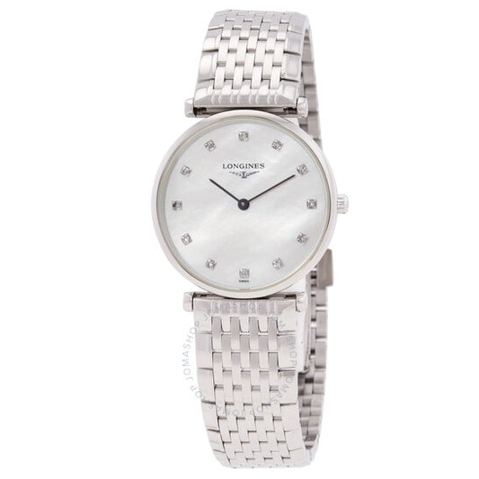 ساعة لونجين لا جراند كلاسيك كوارتز ماسية بيضاء بمينا من عرق اللؤلؤ للسيدات
