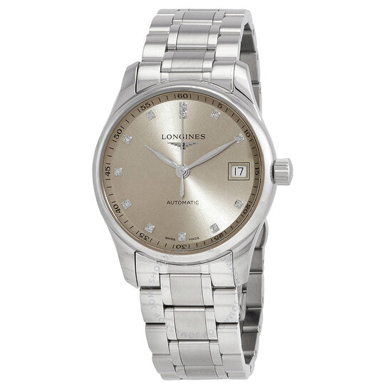 ساعة لونجين ماستر أوتوماتيكية بمينا بني مرصعة بالألماس للسيدات