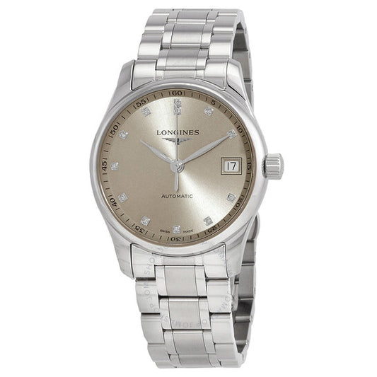 ساعة لونجين ماستر أوتوماتيكية بمينا بني مرصعة بالألماس للسيدات