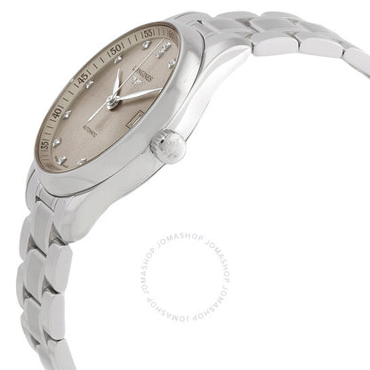 ساعة لونجين ماستر أوتوماتيكية بمينا بني مرصعة بالألماس للسيدات