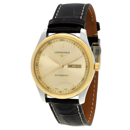 ساعة لونجين ماستر أوتوماتيكية للرجال بمينا ذهبي مرصعة بالألماس
