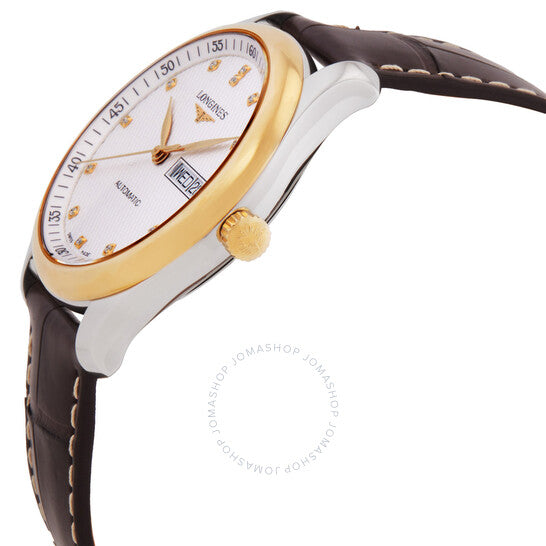 ساعة لونجين ماستر أوتوماتيكية للرجال بمينا أبيض مرصعة بالألماس