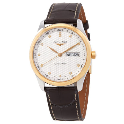 ساعة لونجين ماستر أوتوماتيكية للرجال بمينا أبيض مرصعة بالألماس