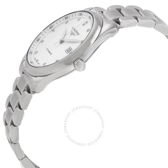 ساعة لونجين ماستر أوتوماتيكية للرجال بمينا أبيض مرصعة بالألماس