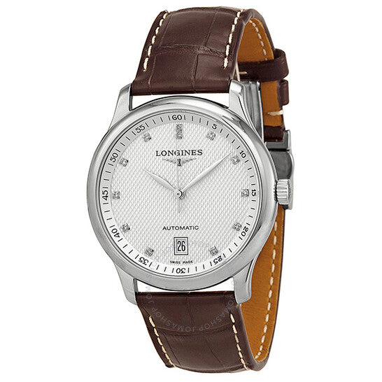 ساعة لونجين ماستر أوتوماتيكية مرصعة بالألماس بمينا فضي للرجال