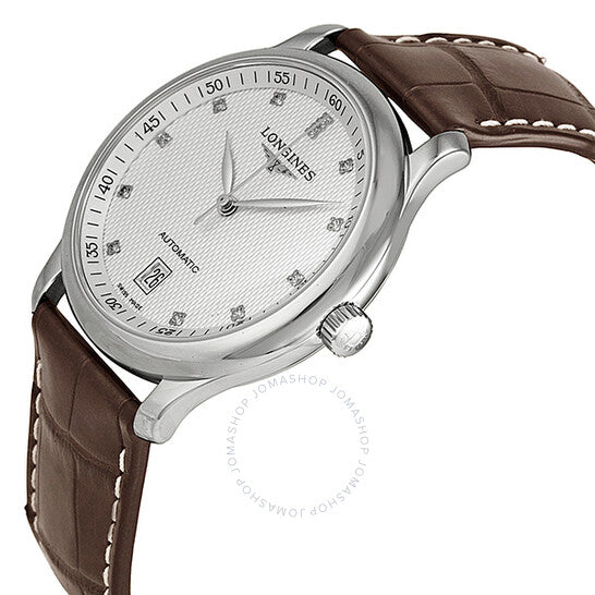 ساعة لونجين ماستر أوتوماتيكية مرصعة بالألماس بمينا فضي للرجال