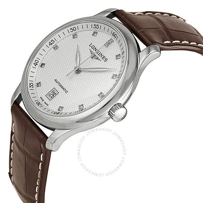 ساعة لونجين ماستر أوتوماتيكية مرصعة بالألماس بمينا فضي للرجال