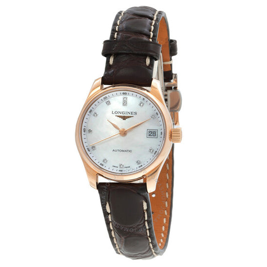 ساعة لونجين ماستر كوليكشن أوتوماتيكية للسيدات بمينا من عرق اللؤلؤ الأبيض والألماس