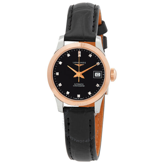 ساعة لونجين ريكورد أوتوماتيكية كرونومتر بمينا أسود مرصعة بالألماس للسيدات