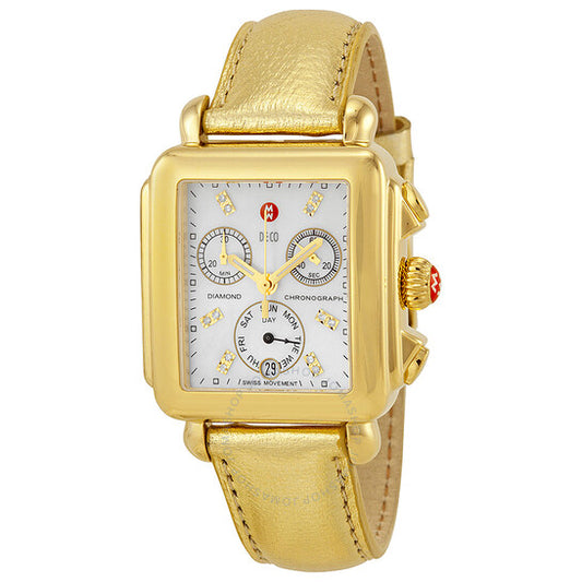 Michele, Deco Gold Chronograph Mother of Pearl Dial Champagne Leather Ladies Watch