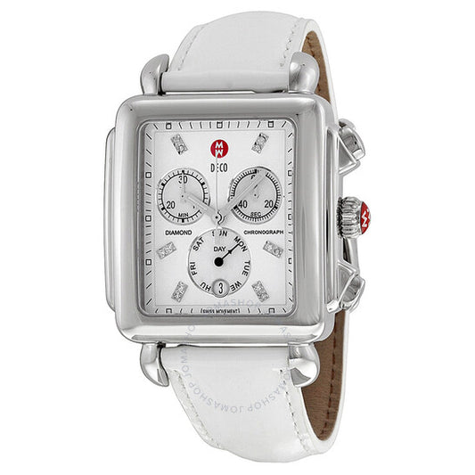 Michele, Deco XL Mother of Pearl White Leather Ladies Watch