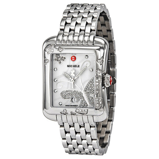 Michele, Extreme Butterfly Diamond White Dial Stainless Steel Ladies Watch