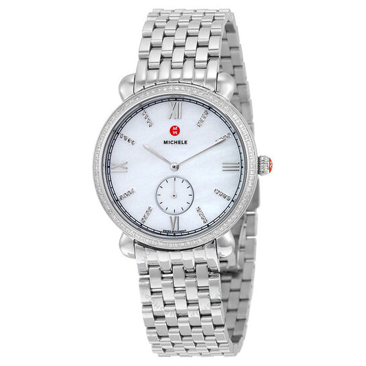 Michele, Gracile White Mother of Pearl Dial Diamond Ladies Watch
